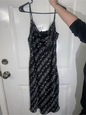 Black Floral Midi Slip Dress with White Print - Women's Elegant Cowl Neck